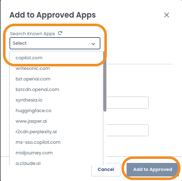 Dropdown menu for selecting known apps with an 'Add to Approved' button highlighted.